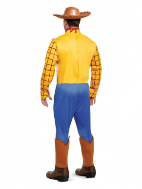Dit Classic Toy Story Woody Kostuum bestaat uit de all in one jumpsuit met details, bootcovers, badge, hoed en bandana. Leuk voor carnaval of ander themafeestje.