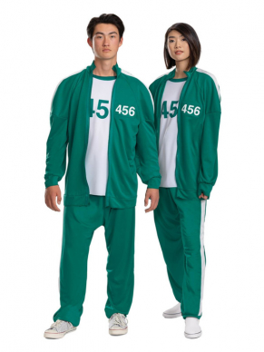 Dit te gekke groene Squid Game Player 456 kostuum bestaat uit de broek met shirt en vest. Met dit kostuum ben je in één keer klaar voor carnaval of ander themafeestje.