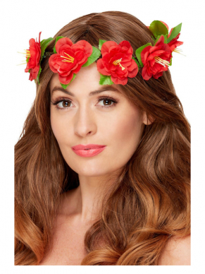Mooie bloemen haarband met rode bloemen voor een feestje in tropische sferen.