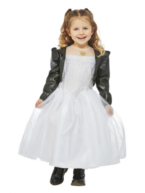 Dit geweldige Bride of Chucky, Tiffany kostuum bestaat uit de jurk en het jasje. Met dit kostuum ben je in één keer klaar voor jouw Halloween-feest.