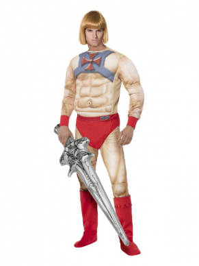 He-Man Kostuum betsaande uit de Jumpsuit met EVA Borst, Manchetten, Bootcovers & Opblaasbaar Zwaard. Met dit kostuum ben je in één keer klaar voor jouw themafeestje.