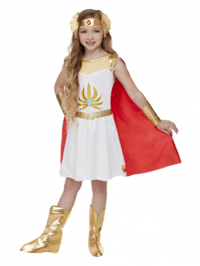 She-Ra Kostuum voor meiden, bestaande uit de witte Jurk, Cape, Hoofdband, Manchetten & Bootcovers. Met dit kostuum ben je in één keer klaar voor jouw themafeestje.