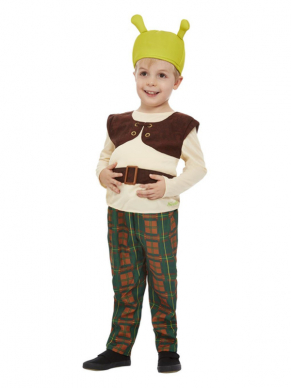 Shrek kinder kostuum, bestaande uit de broek met top en hoed. Met dit kostuum ben je in één keer klaar voor jouw themafeestje. Ook leuk voor thuis in de verkleedkist.