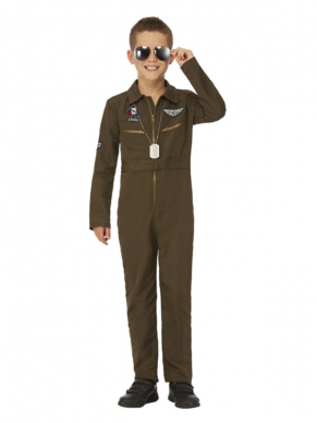 Dit stoere Top Gun Maverick╔s Aviator-kostuum voor kinderen bestaat uit de groene jumpsuit met verwisselbare naambadges. Met dit kostuum ben je in één keer klaar voor Carnaval of een ander themafeestje. Ook leuk voor thuis in de verkleedkist.