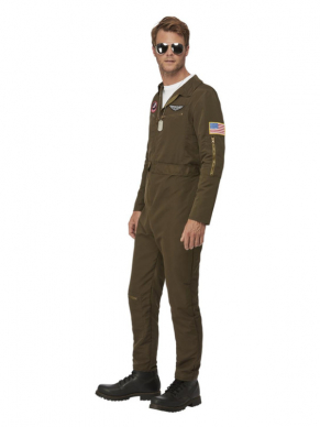 Dit stoere Top Gun Maverick Heren pilotenkostuum bestaat uit de groene jumpsuit met verwisselbare naambadges. Maak de look compleet met de bovenstaande Top Gun Helm en je bent klaar voor jouw feestje.