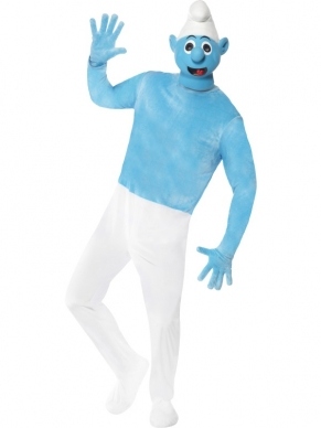 Smurf Deluxe heren Verkleedkleding. Ingebrepen is een blauw/wit alles-in-een pak. Een Smurf masker met aangehechte hoed, paar blauwe handschoenen en een blauwe capuchon.