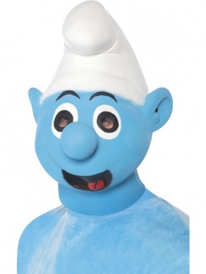 Smurf Deluxe heren Verkleedkleding. Ingebrepen is een blauw/wit alles-in-een pak. Een Smurf masker met aangehechte hoed, paar blauwe handschoenen en een blauwe capuchon.