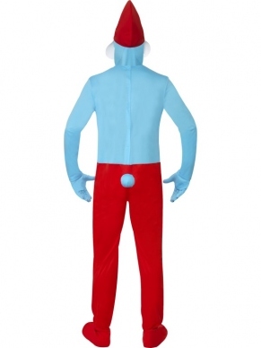 Grote Smurf Heren Verkleedkleding. Inbegrepen is een rood en blauw alles-in-een pak. Een rode hoed met een aangehechte witte Smurf baard. Inclusief een paar blauwe handschoenen en een blauwe capuchon.