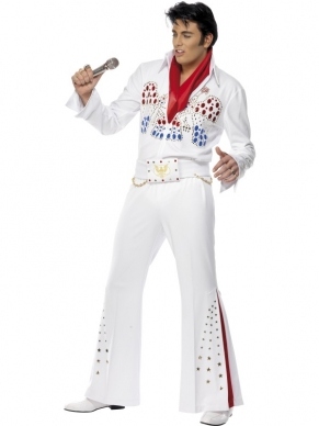 Elvis American Eagle Heren Verkleedkleding. Inbegrepen is de mooie witte jumpsuit met steentjes en mooi bewerkte riem en de rode sjaal. Top kwaliteit kostuum.