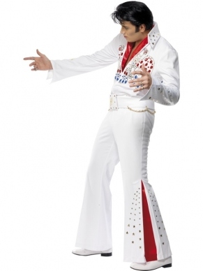 Elvis American Eagle Heren Verkleedkleding. Inbegrepen is de mooie witte jumpsuit met steentjes en mooi bewerkte riem en de rode sjaal. Top kwaliteit kostuum.