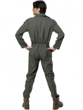 Top Gun Heren Jumpsuit Verkleedkleding. Inbegrepen is de groene jumpsuit met logo's en zonnebril. Compleet Top Gun verkleedkleding.