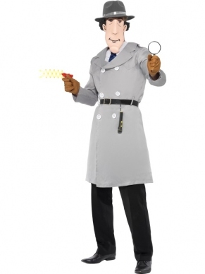 Het Inspector gadget heren verkleedkleding bestaat uit de grijze jas, het shirt met stropdas, de hoed, het inspector gadget masker, een zaklamp, een vergrootglas en gadget arm.
