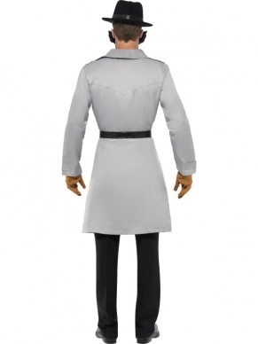 Het Inspector gadget heren verkleedkleding bestaat uit de grijze jas, het shirt met stropdas, de hoed, het inspector gadget masker, een zaklamp, een vergrootglas en gadget arm.