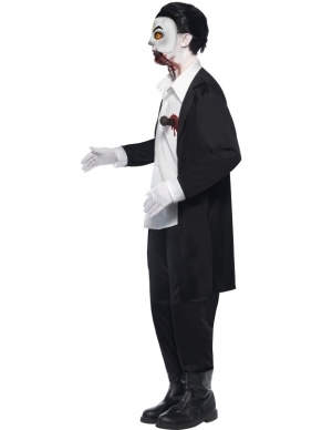 Living Dead Dolls, Haemon Heren Verkleedkleding. Inbegrpen is de zwarte jas, het witte shirt met latex stake en het enge masker. Draag het op een zwarte broek en u bent klaar. Geweldig eng kostuum.