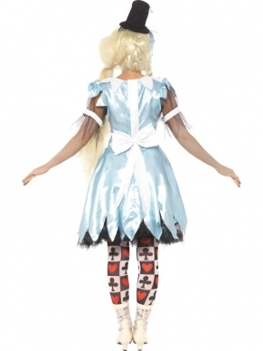 Alice in Blunderland Dames Kostuum. Inbegrepen is de jurk en het hoedje. De kousen en de pruik verkopen we los. We verkopen nog meer kostuums voor het sprookje met een twist: Alice in Blunderland.