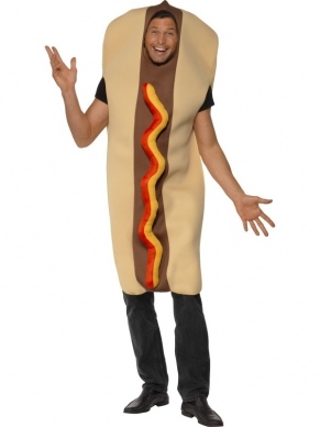 Grote Hotdog Heren Kostuum. Compleet bodysuit met hot dog en ketchup effect.