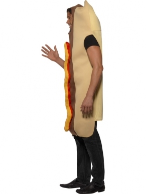 Grote Hotdog Heren Kostuum. Compleet bodysuit met hot dog en ketchup effect.