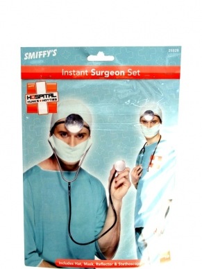 Chirurgen Dokter Accessoire Set. Inbegrepen is de muts, het mondkapje, de stethoscoop en reflector.