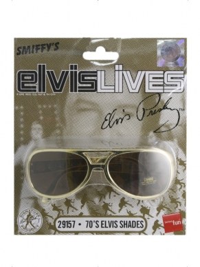 Maak jouw look compleet met deze gouden Elvis Presley Zonnebril met donkere glazen.
