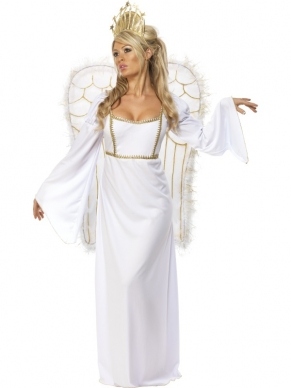 Queen of Angels Kostuum - mooi kostuum, inclusief lange witte jurk met gouden details, grote engelen vleugels en gouden kroon.