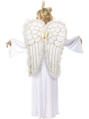 Queen of Angels Kostuum - mooi kostuum, inclusief lange witte jurk met gouden details, grote engelen vleugels en gouden kroon.