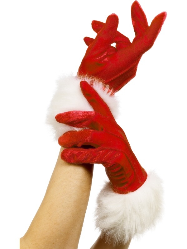 Rode Korte Kersthandschoenen met Bont. Leuk voor een Kerstfeest!