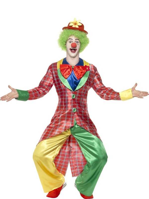 La Circus Deluxe Clown Herenkostuum met broek, shirt en jas, strik en schoenhoezen. De pruik en de schmink verkopen wij los in onze webwinkel.