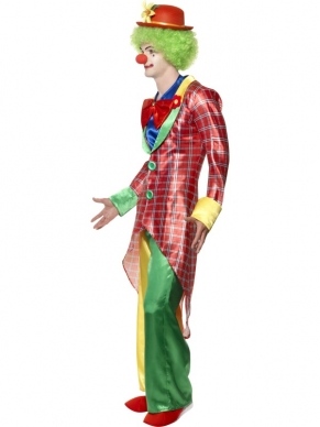 La Circus Deluxe Clown Herenkostuum met broek, shirt en jas, strik en schoenhoezen. De pruik en de schmink verkopen wij los in onze webwinkel.
