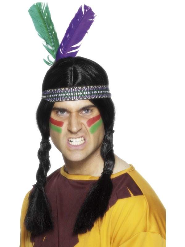 Indianen Haarband met Veren. Met twee gekleurde veren.