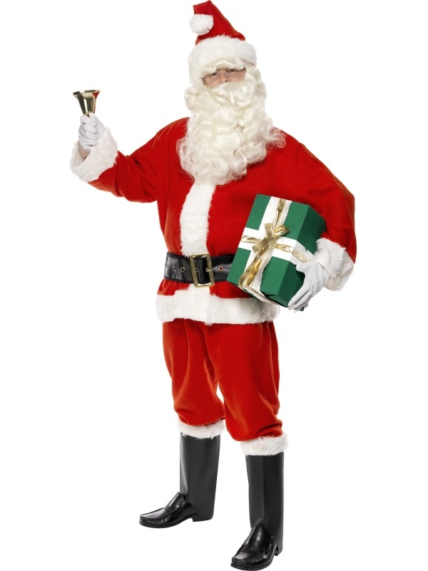 Deluxe Kerstman Kostuum 6-delig - compleet Kerstman kostuum, inclusief rood - witte  jas, rode broek, kerstmuts, zwarte riem, witte handschoenen en zwarte boot covers. Wij verkopen verschillende accessoires met leuke kortingen!