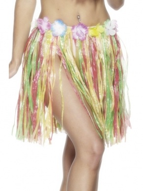 Hawaii Gekleurde Grasrok met bloemen en elastische band - 46cm lang. 