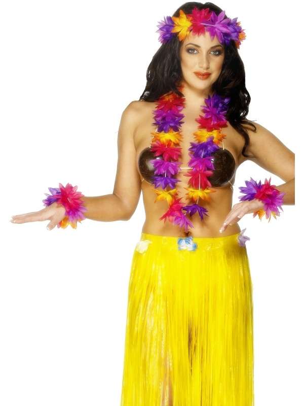 Fel Gekleurde Hawaii 4-delige Set. Inbegrepen is de mooie haarband, bloemenkrans en armbanden. 