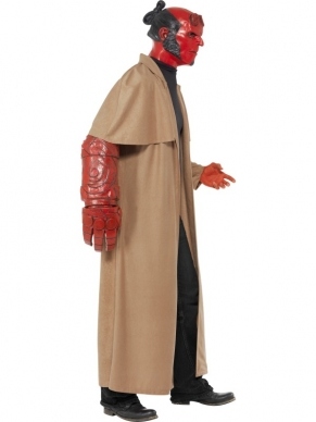 Hellboy Heren Verkleedkleding. Inbegrepen is de bruine lange jas, het masker, de grote rode arm en een button voor een riem.