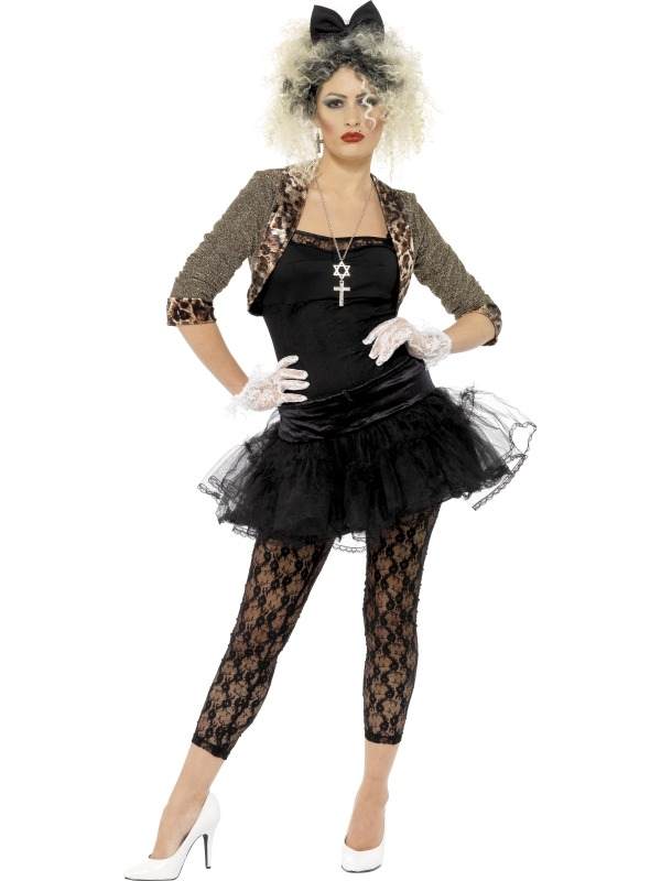 80s Wild Child Madonna Compleet Kostuum - 6-delig kostuum met tijgerprint jasje, zwart shirt met tijgerprint randje, tutu rok, kanten legging, witte kanten handschoenen en haarband. Met dit kostuum ben je zo goed als klaar, het enige wat je nog mist is een 80's pruik