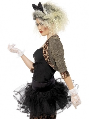 80s Wild Child Madonna Compleet Kostuum - 6-delig kostuum met tijgerprint jasje, zwart shirt met tijgerprint randje, tutu rok, kanten legging, witte kanten handschoenen en haarband. Met dit kostuum ben je zo goed als klaar, het enige wat je nog mist is een 80's pruik