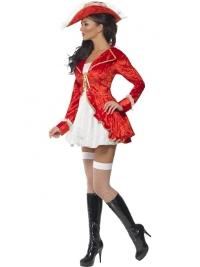 Prachtig compleet dames verkleedkostuum met roodjasje met witte jurk (zit aan het jasje vast) en de rode piratenhoed. 