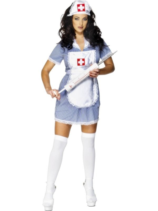 Naughty Nurse Zuster Verkleedkleding. Inbegrepen is het zusterjurkje, het schortje en het zusterkapje. De grote spuit verkopen we los. 