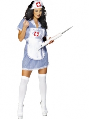 Naughty Nurse Zuster Verkleedkleding. Inbegrepen is het zusterjurkje, het schortje en het zusterkapje. De grote spuit verkopen we los. 