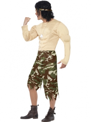 Muscleman Rambo Verkleedkleding. Inbegrepen is het gespierde (padded) rambo pak en de haarband. De pruik verkopen we los. 