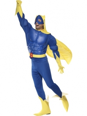 Bananaman Heren Verkleedkleding. Bestaat uit jumpsuit, cape inclusief masker, handschoenen en boot covers.
