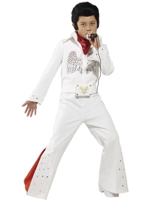 Jongens Elvis Presley Kostuum. Inbegrepen is de witte Elvis jumpsuit met wijde pijpen en de rode sjaal. 
