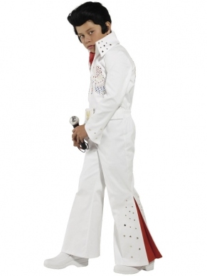 Jongens Elvis Presley Kostuum. Inbegrepen is de witte Elvis jumpsuit met wijde pijpen en de rode sjaal. 