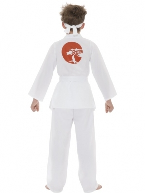 Daniel San Karate Kid Kostuum. Inbegrepen is de karatekid jas, broek, riem en haarband. 