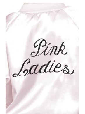Pink Lady Grease Kinderjasje. Mooi lichtroze jasje met pink lady op de borst en groot op de rug. We verkopen ook de T-Bird jasjes voor jongens. 