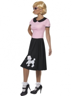 Fifties 1950's Dames Kostuum. Inbegrepen is het roze shirt en de zwarte rok met poedelprint. 