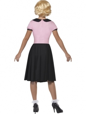 Fifties 1950's Dames Kostuum. Inbegrepen is het roze shirt en de zwarte rok met poedelprint. 
