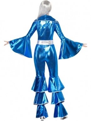 1970's Dancing Dream Abba Kostuum. Inbegrepen is de blauwe jumpsuit met wijde mouwen en sterrenprint. 