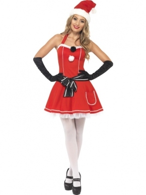 Pom Pom Miss Santa Kostuum - compleet Kerstvrouw kostuum, inclusief rood jurkje met print en witte pom pom, kerstmuts en zwarte riem.