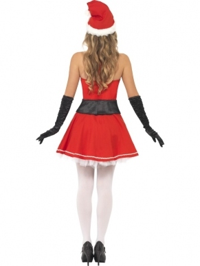 Pom Pom Miss Santa Kostuum - compleet Kerstvrouw kostuum, inclusief rood jurkje met print en witte pom pom, kerstmuts en zwarte riem.