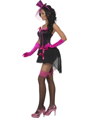 Sexy Fever Bow Burlesque Dames Verkleedkleding. Mooie corset jurk in het zwart/roze. Super sexy. Alle accessoires verkopen we los in onze webshop.